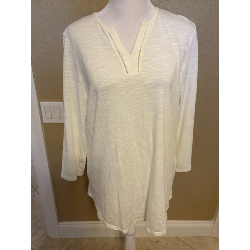 Chicos 3/4 Sleeve Ivory Tunic With Neck Detail, Size 1-Medium